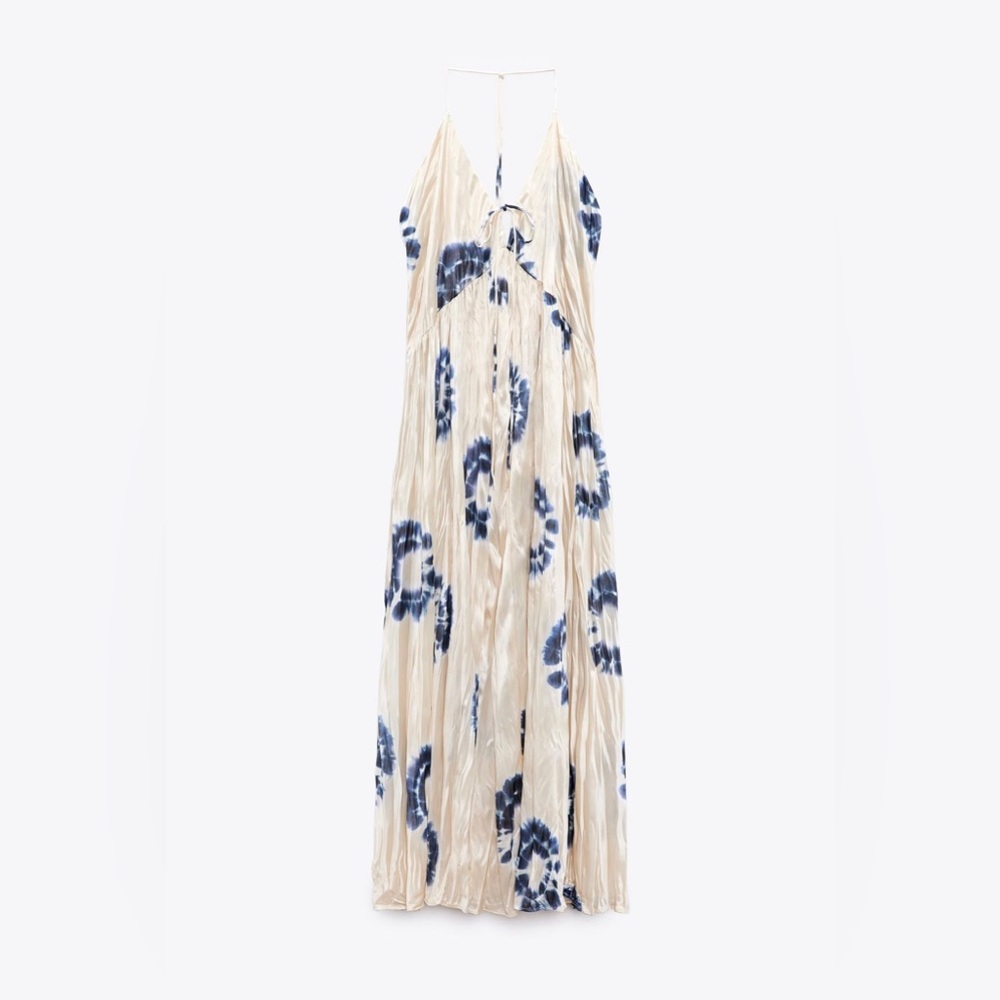 ZARA WRINKLE SATIN EFFECT MAXI LONG DRESS WHITE BLUE NWOT S - Picture 12 of 14